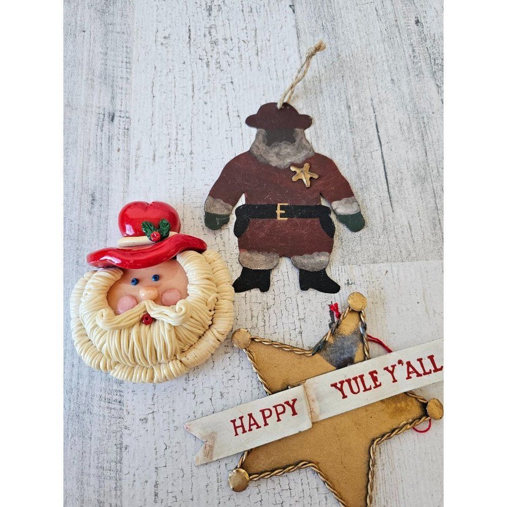 Vintage cowboy Santa‎ ornament Xmas tree badge Santa with badges